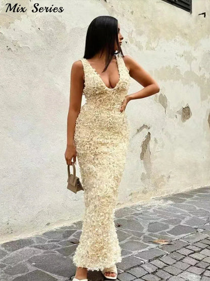 Sexy 3D Flower Deep V-neck Dress Women Slim Sleeveless Backless Split Hip Package Midi Dresses 2025 Spring Ladies New Vestidos