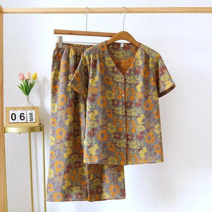 2025 Spring/Summer New Women's Pajama Set 100% Cotton Short Sleeve+Capris Two Piece Set for Large Flower Thin Home Furnishing 05