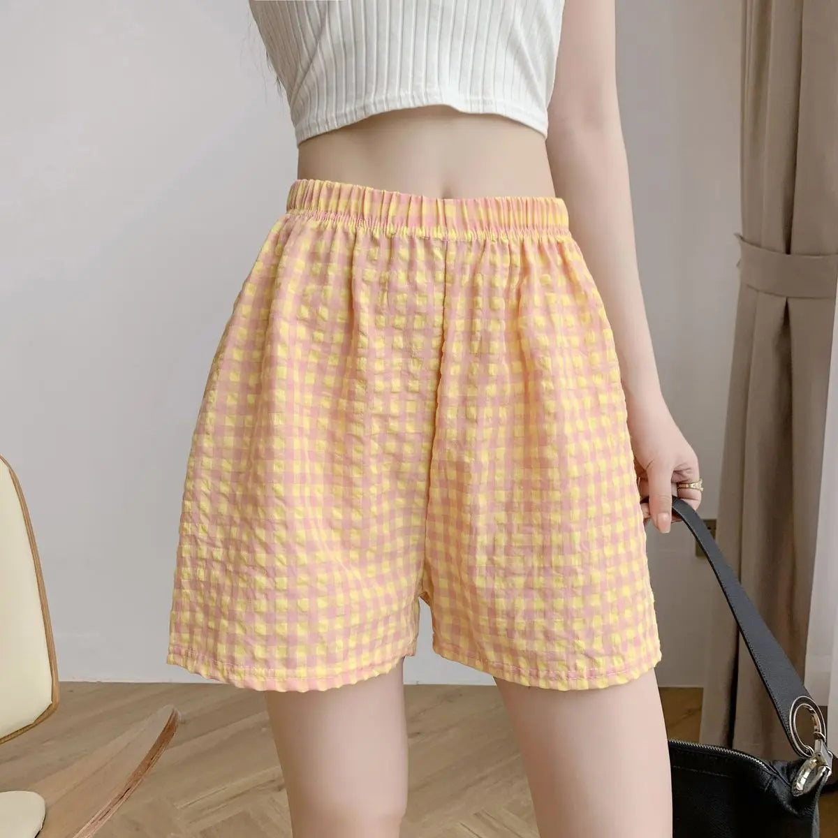 Summer Home Shorts Women's High Waisted Slimming Wide Leg Pants Sports Casual Pants Loose Plaid Pajama Pants
