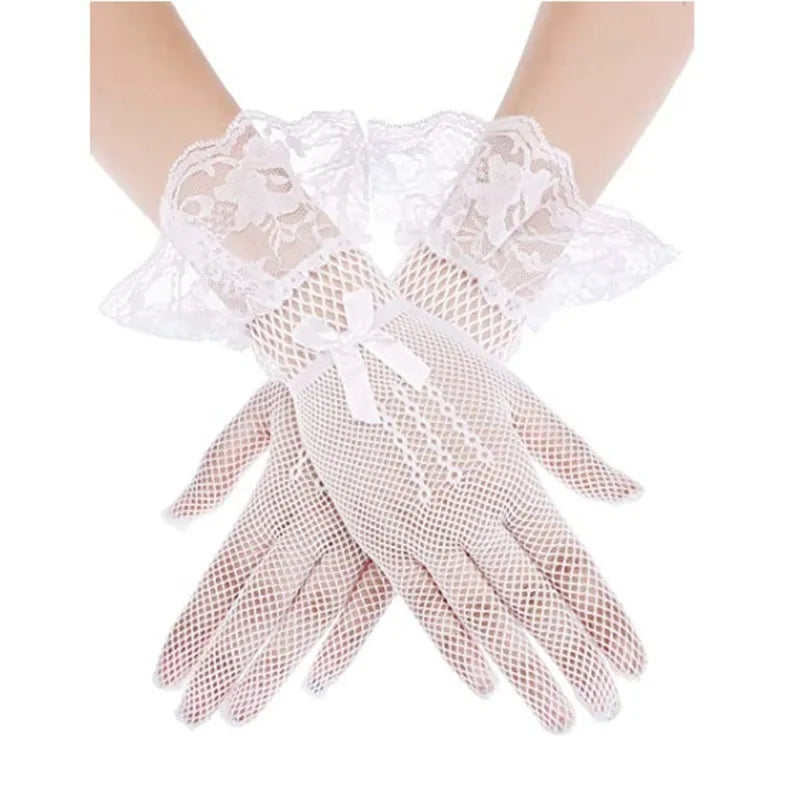 Girls Lolita Lace Hollow Out Gloves Women Ceremony Etiquette Mesh Thin Mittens Gothic Punk Sexy Glove Black White Soft Elastic