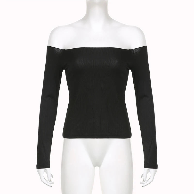 Black Solid Slash Neck Elegant Long Sleeve Tops Korean Fashion Slim Sexy Cropped T Shirt Women Fall Clothing