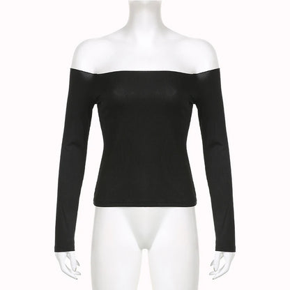 Black Solid Slash Neck Elegant Long Sleeve Tops Korean Fashion Slim Sexy Cropped T Shirt Women Fall Clothing