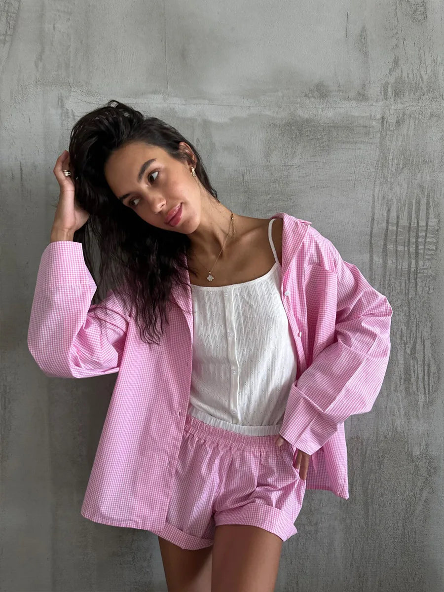 Muzuleva 100% Cotton Pink Patchwork Checkered Pajama Set Spring New Long Sleeved Shorts Pajamas Women's Casual Home Clothes