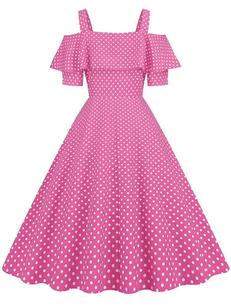 Off the Shoulder Elegant Vintage Party Dress Women Summer Polka Dot Ruffles A Line Midi Dresses