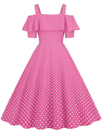 Off the Shoulder Elegant Vintage Party Dress Women Summer Polka Dot Ruffles A Line Midi Dresses