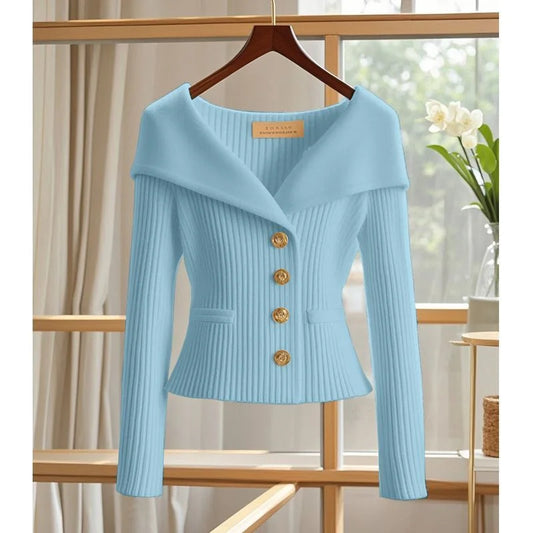 2025 New Women Cardigan Sweater High Quality High-end chic Long Sleeve Knitwear Autumn Winter Female Clothes Sweater Jacket Sky blue CHINA