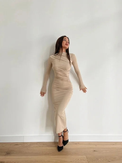 Sexy Bodycon Long Sleeve Midi Dress Women 2024 Autumn Slim Solid Party Package Hip Elegant Dresses For Women Robe Femme