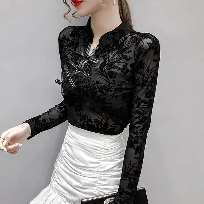 Elegant Chinese Style Mesh Lace Bottoming Shirt Casual Hollow Slim Woman's Shirt Vintage Long Sleeve Sexy Mesh Tops Blusas 11010