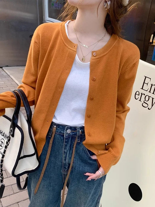 New 2025 Spring Summer Knit Cardigan O-Neck Solid Color Fashion High-Grade Comfortable Slim Casual Knitwear Tops orange One Size