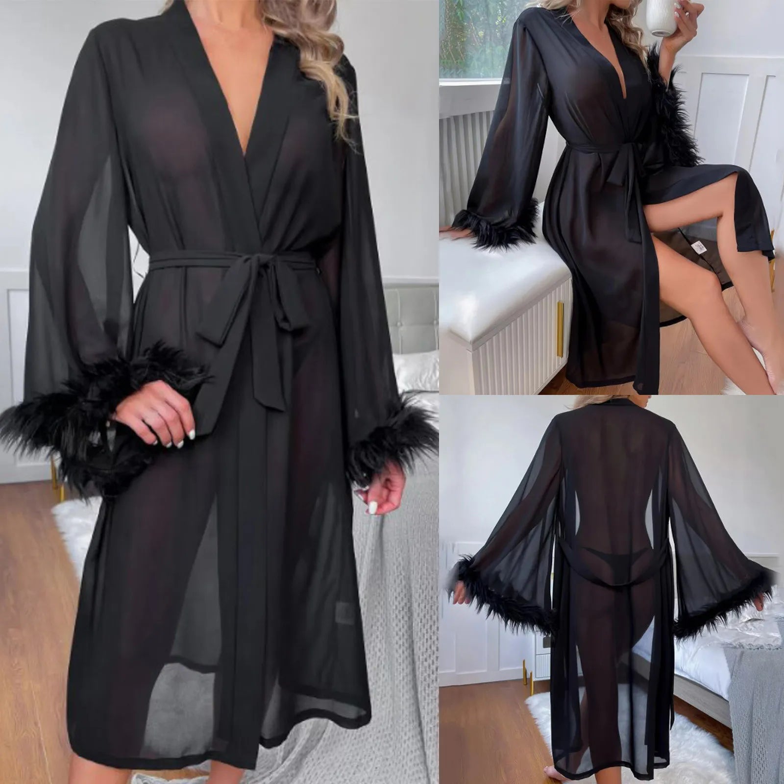 Women Fashion Bathrobe Lacing Up Sexy Lingerie Tulle Underwear Dress Floor Length Maxi Dressing Gown Robes Feather Long Robe