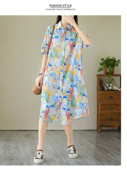 Fashionable Cartoon Printed Short-sleeved Shirt Skirt for Women in Summer Loose Dress