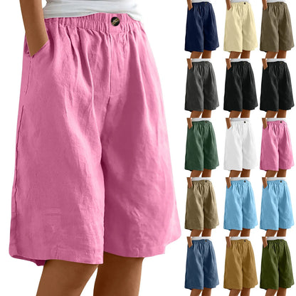 Female Fashion Solid Color Elastic High Waist Pocket Button Up Loose Cotton Linen Five Length Shorts Summer Soft Comfort Pants