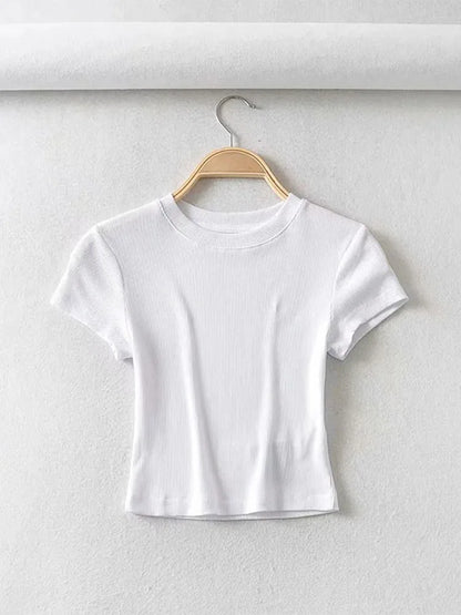 Summer Sexy Women O-neck Short-sleeve T-shirt Slim Elastic Skinny Crop Tops WHITE