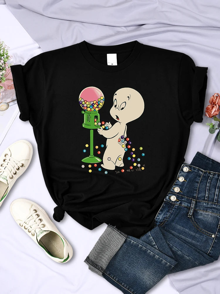 The Little Boy Likes Colored Glass Balls Women Short Sleeve Creative Street Tops Casual O-Neck Clothing All-math Female T-Shirts Black