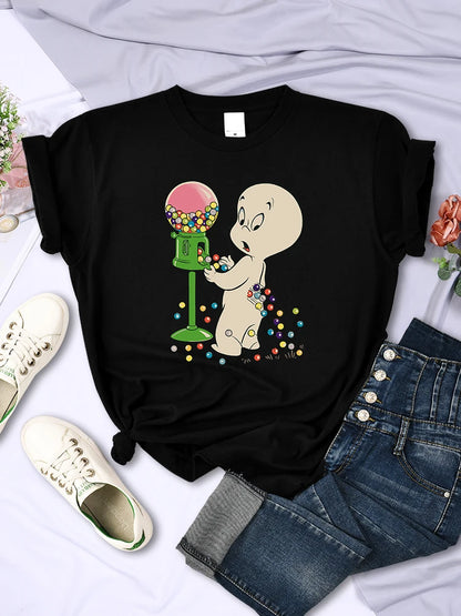 The Little Boy Likes Colored Glass Balls Women Short Sleeve Creative Street Tops Casual O-Neck Clothing All-math Female T-Shirts Black