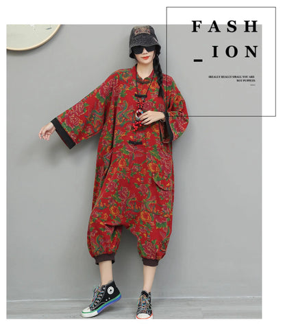 Artistic Large Floral Cotton Linen Chinese Style Button Embroidery Loose Casual Jumpsuit Women LX4344 Badiee Stylez
