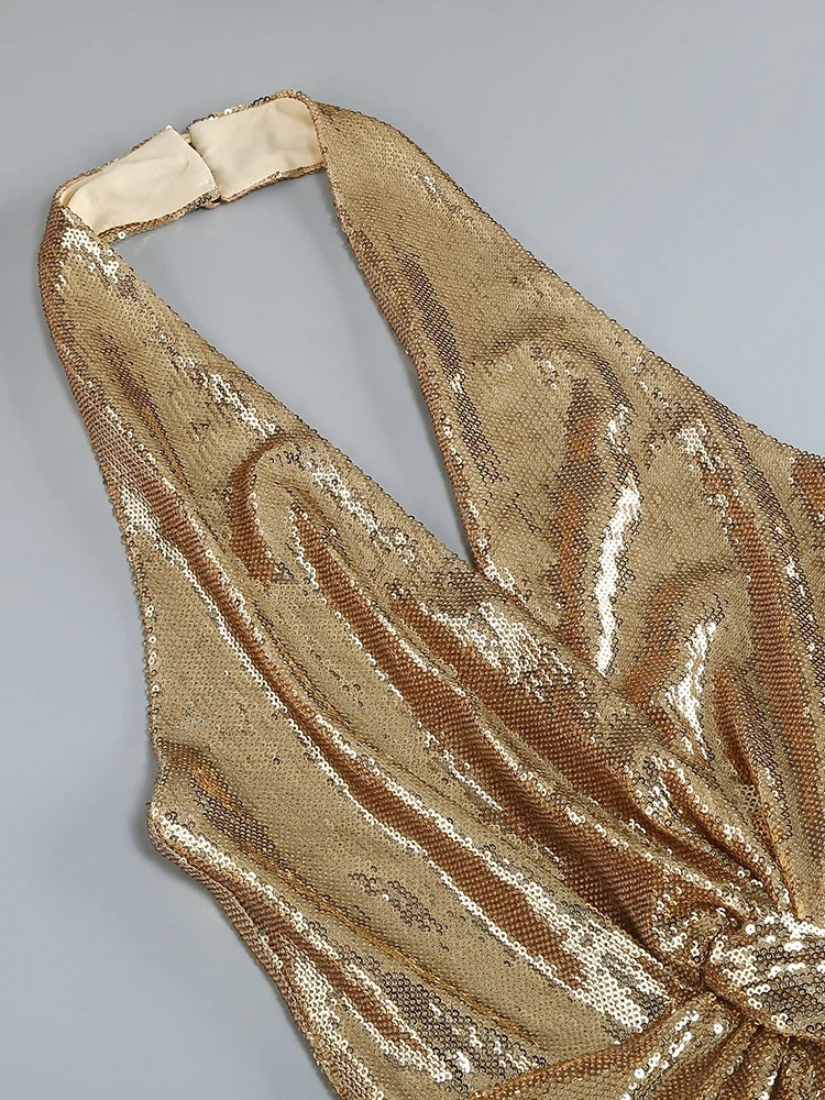 Women's Sleeveless Gold Sequin Jumpsuit Sexy V Neck Sparkle Sequined High Waist Wide Leg Pants Jumpsuit Celebrity Evening Party Badiee Stylez