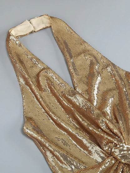 Women's Sleeveless Gold Sequin Jumpsuit Sexy V Neck Sparkle Sequined High Waist Wide Leg Pants Jumpsuit Celebrity Evening Party Badiee Stylez