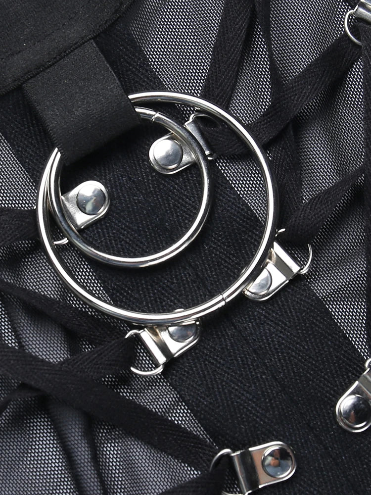 Gothic Punk Ring Halter Top Bodycon Lace Up Crop Bandage Tank Tops Y2k Mesh T Shirt Exotic Vest Sexy Hollow Out Backless Caims