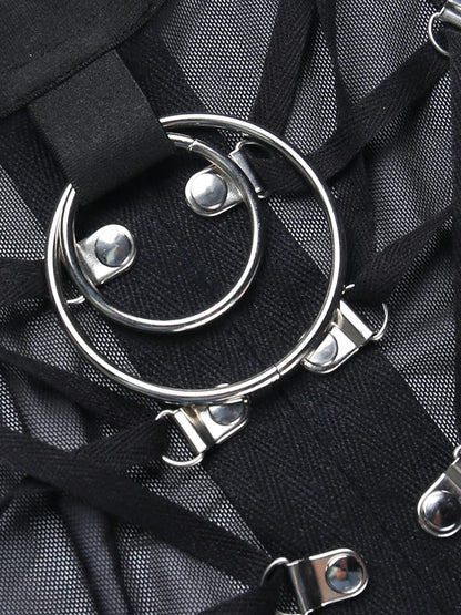 Gothic Punk Ring Halter Top Bodycon Lace Up Crop Bandage Tank Tops Y2k Mesh T Shirt Exotic Vest Sexy Hollow Out Backless Caims