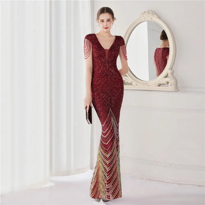 DEERVEADO Elegant V Neck Mermaid Evening Dress Long Luxury Beads Women Evening Party Dresses 2025 New Formal Dress 19085 Badiee Stylez