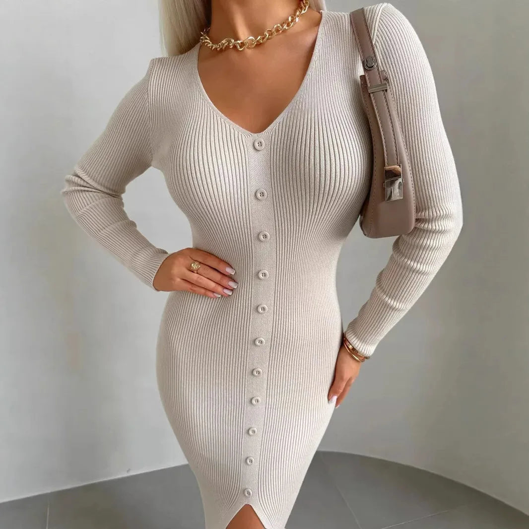 2025 Knitted Dress For Women Vintage Fashion Long Sleeve Dresses Solid Single Breasted V Neck Midi Autumn Winter Dress Скучать Badiee Stylez
