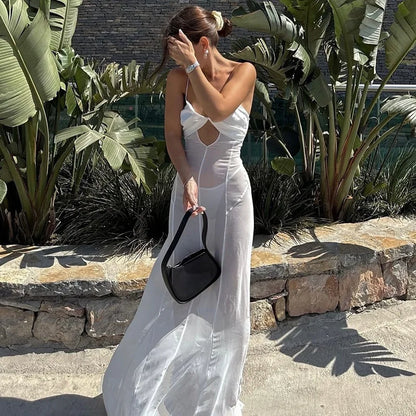 Shestyle 2025 Women Summer Outfits Beachwear Vacation Transparent Mermaid Dress Backless V Neck Spaghetti Strap Hollow Out
