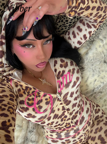 Nibber Leopard Print 2 Piece Set Women's Autumn Tracksuit Athleisure Hooded Crop Jacket + Flared Pants Stretch Matching Suit