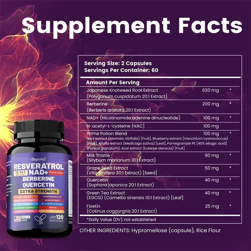 Resveratrol Nad+ Berberine, Quercetin - Improve Aging, Anti-oxidation, Regulate Metabolism, Protect Nerves