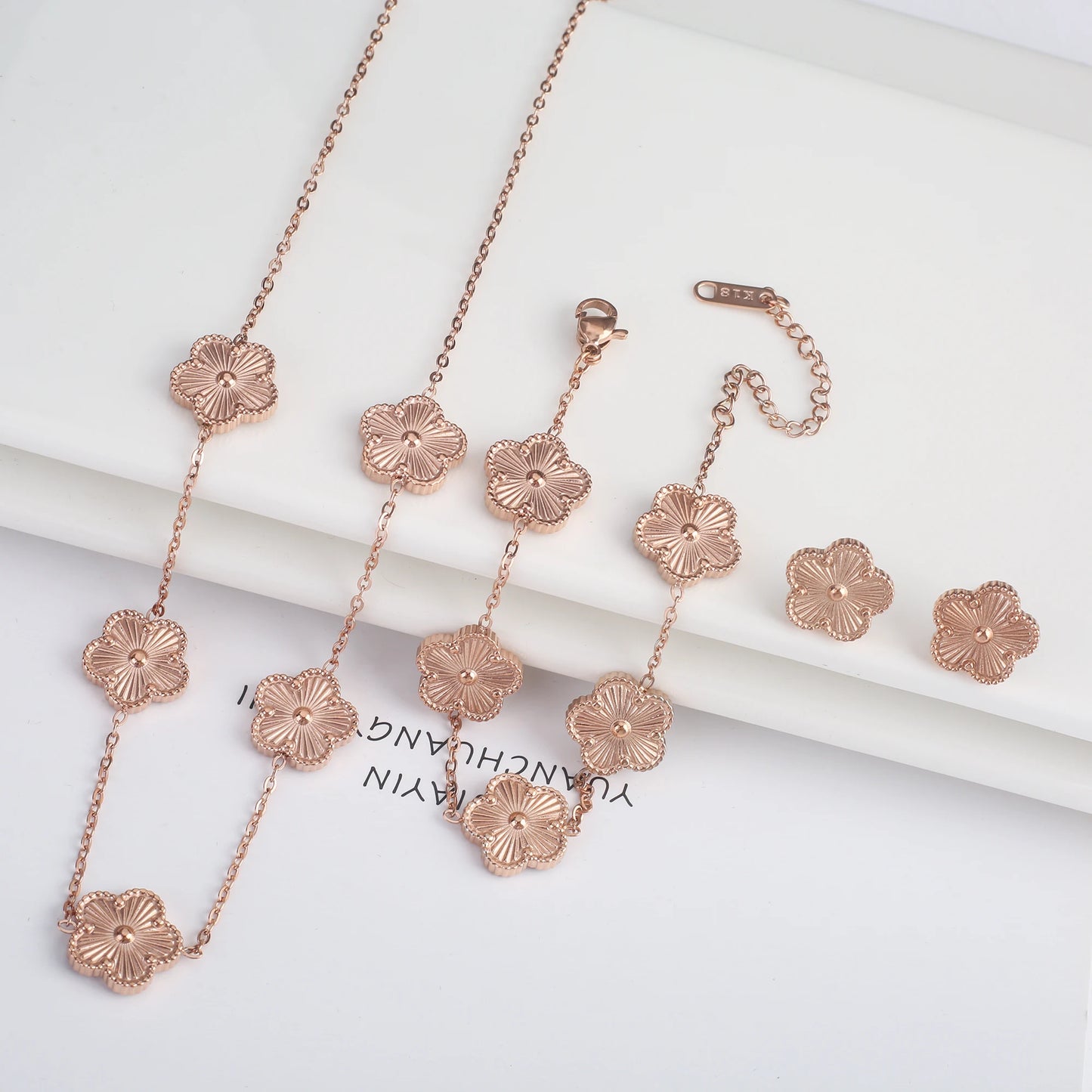 3Pcs Stainless Steel Hot Selling Gold Plated Clover Necklace Earrings Bracelet Jewelry Set Five Leaf Flower Jewelry For Women Jewelry Set 16