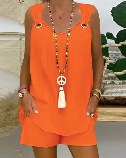 Women High Waist Short Sets Streetwear Elegant Fashion Versatile Solid Color Sleeveless Casual Top and Shorts Suits for Female D