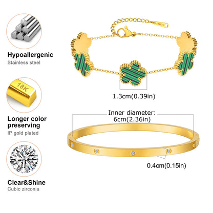 Vnox Exquisite 13mm Clover Bracelet Set for Women, Love Gift Bracelets for Wife Mothers Day Jewelry, Stainless Steel Cuff Bangle Badiee Stylez
