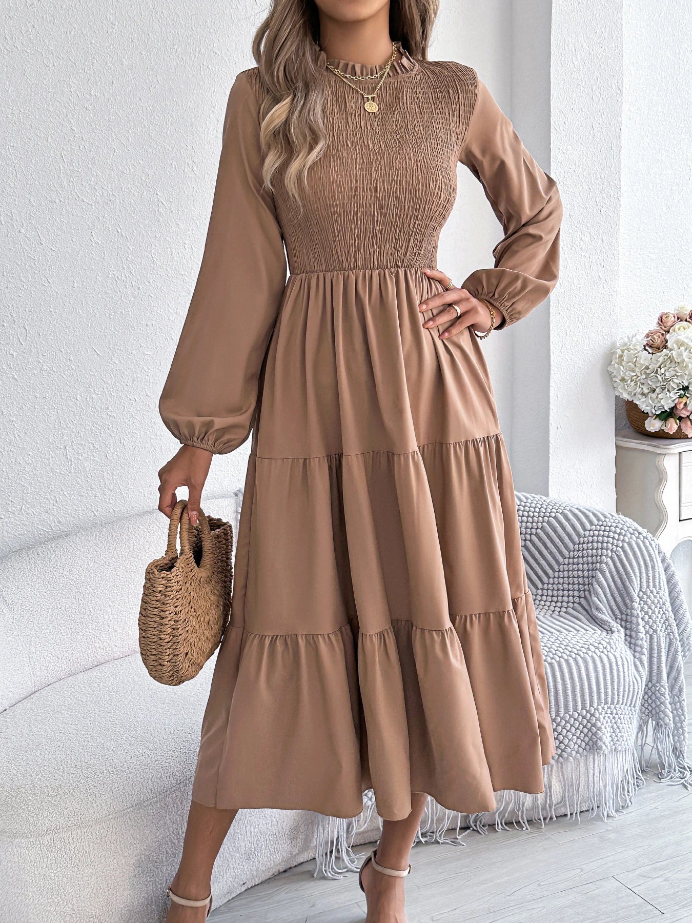 Autumn Winter Elegant Dresses for Woman Solid Color Round Neck Long Sleeve Ruffled Dresses Khaki Green Red