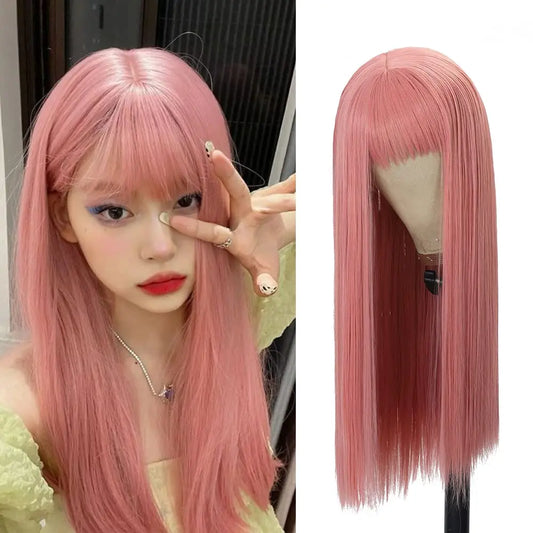 Pink Long Straight Synthetic Wig Air Fringe White Woman Daily Cosplay Party Heat Resistant Full Headgear For Halloween 003-pink 28inches