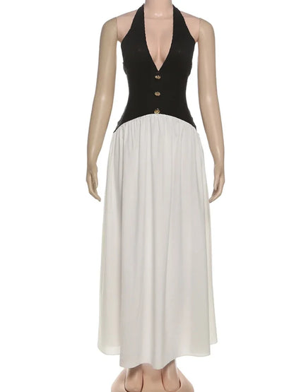 Patchwork Stripe Button Elegant Stretch Skinny French Maxi Bodycon Sexy Halter Dress Women Backless Low Chest Lace-Up Overalls