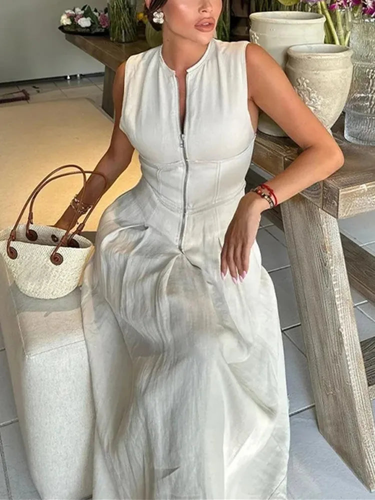MUJER Zipper Long Dress Woman Pleated Sleeveless Bodycon Dress Summer Elegant Party Dresses For Women 2025 New Midi Dresses Badiee Stylez