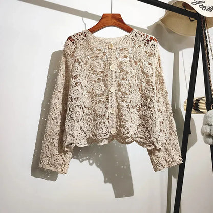 Lace Small Shawl Cotton Cardigan female 2023 spring and summer o neck long sleeve solid casual Versatile Hollow Cardigan Female Beige One Size