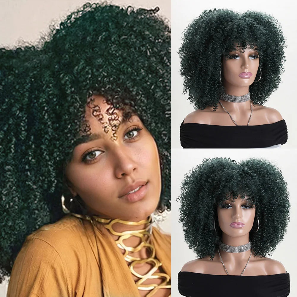 16 Inch Afro Kinky Curly Hair Wigs With Bangs Soft Fluffy Synthetic Fiber None Lace Wigs For Party Cosplay Daily Use Badiee Stylez