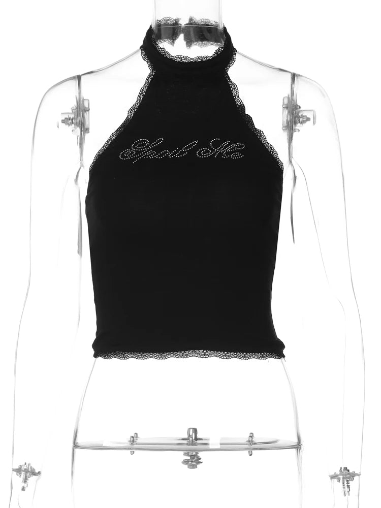 Dulzura Halter Sleeveless Crop Top Vest 2024 Summer Women Lace Patchwork Sexy Rhinestones Y2K Vintage Elegant Club