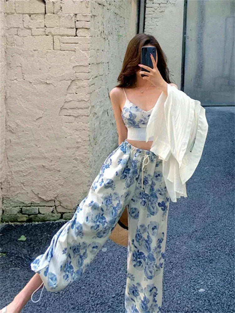 Women Floral 2 Piece Pant Sets Sleeveless Camisole Tops + Elastic Waist Loose Long Pants Outfits Summer Casual Streetwear