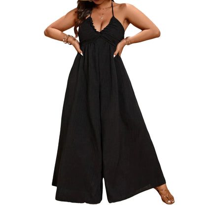 Women Plus Size Rompers Solid Color Sleeveless Halter Neck V-Neck Tie-Up Wide-Leg Jumpsuits Overalls for Summer Fashion black United States