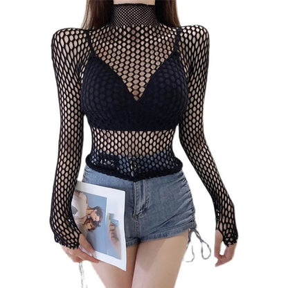Womens Sexy Mesh Long Sleeve Fishnets Tops Fun Fashion Slim Fit Tops Hollow Out See Through Loose Female T-shirts Crop soft Top