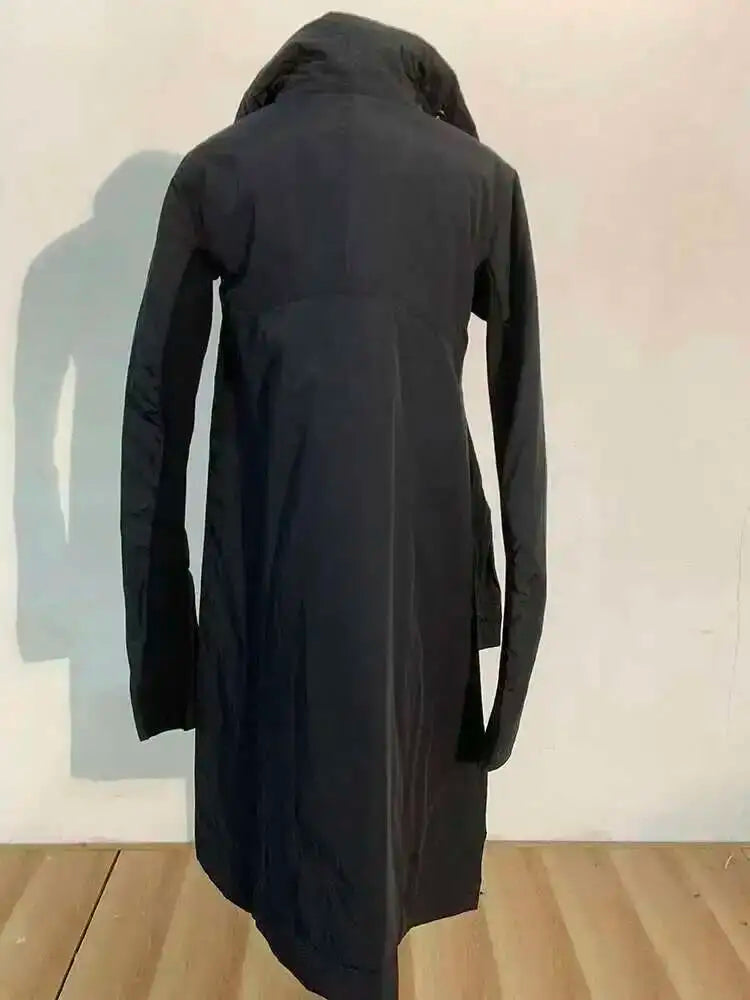 EAM 2024 New Fashion Winter Stand Collar Irregular Long Type Black Cotton-padded Clothes Loose Coat Black Jacket Woman YA771