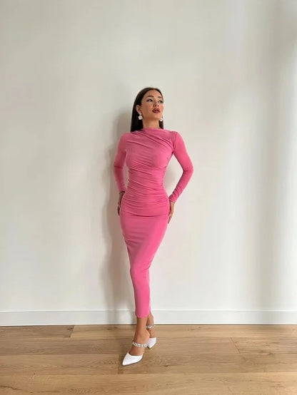 Sexy Bodycon Long Sleeve Midi Dress Women 2024 Autumn Slim Solid Party Package Hip Elegant Dresses For Women Robe Femme