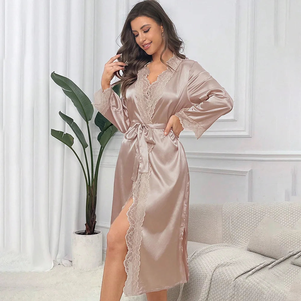 New Long Bathrobe Sexy Lace Light Luxury Long Sleeve Velvet Robe Bathrobe Bathrobe Home Wear
