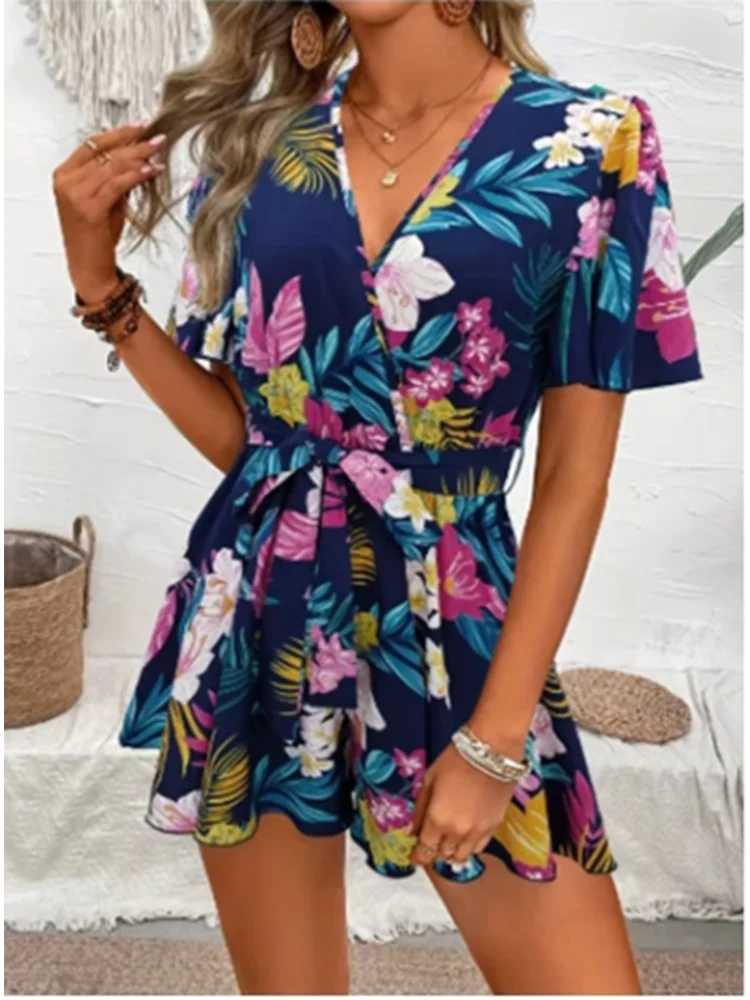 Printed V-neck Short Sleeve Jumpsuit Women Loose High Waisted Jumpsuit Beach Vacation Comfortable Summer Clothes Blue
