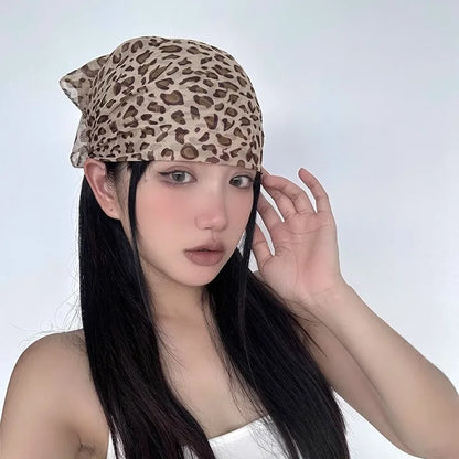 Retro Leopard Print Square Scarf for Women Satin Thin Edge Scarves Head Band Fashion Y2K Lady Hair Shawl Wrap Female Neckerchief