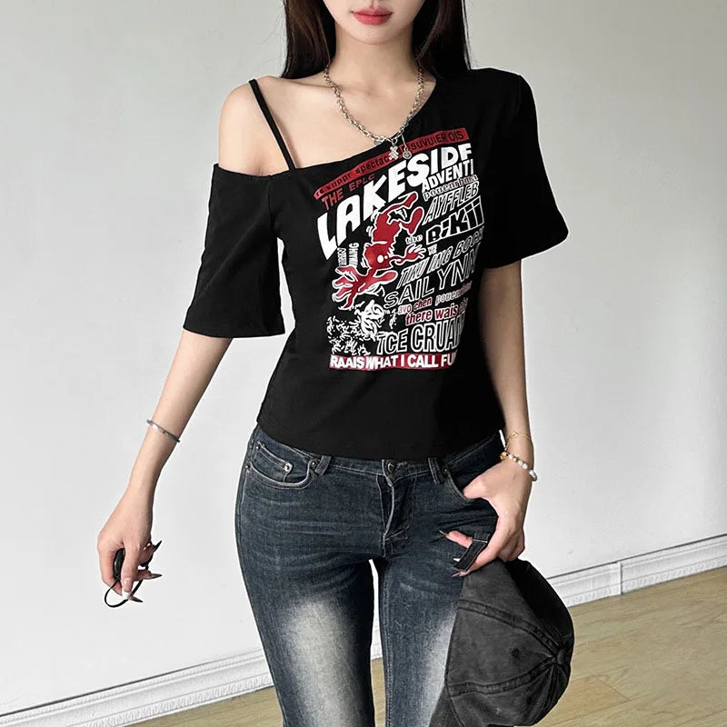 Gothic Tee Y2k Letter Print Off Shoulder Punk T-shirts Women Harajuku Summer Streetwear Grunge T Shirt Aesthetic Sexy Crop Tops