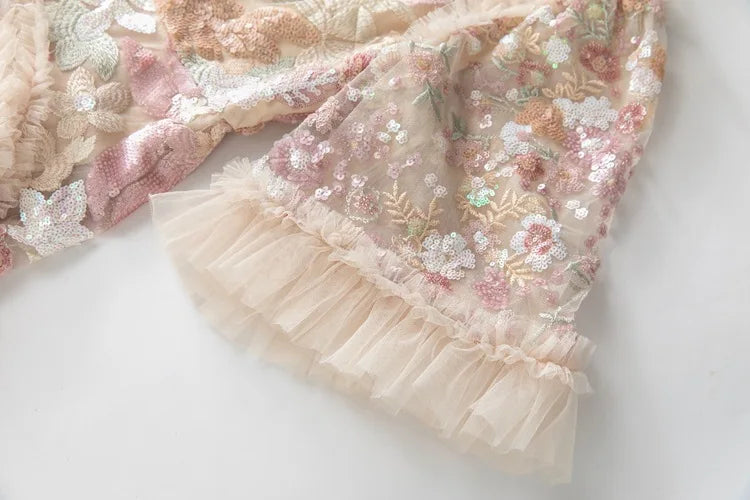 IEQJ Fashion Pink Embroidered Sequins Dress Women's Round Neck Ruffles Half Sleeves Ankle-length Dresses New 3A132 Badiee Stylez