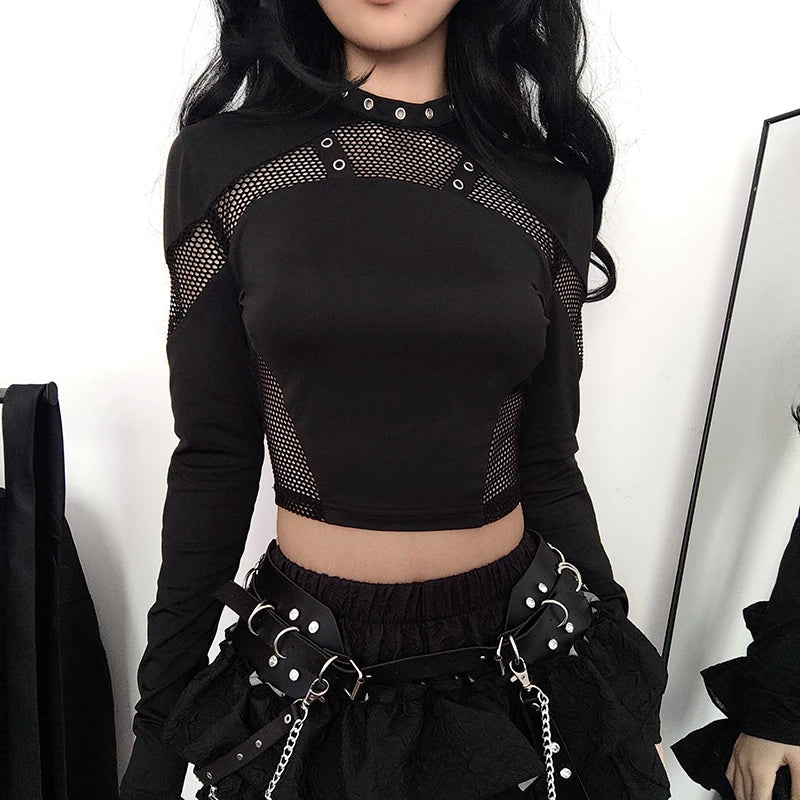 CIBBAR Gothic Black Crop Top Chic See Through Mesh Patchwork Full Sleeve Skinny Basic T-shirt Women Punk Style Stitched T Shirts